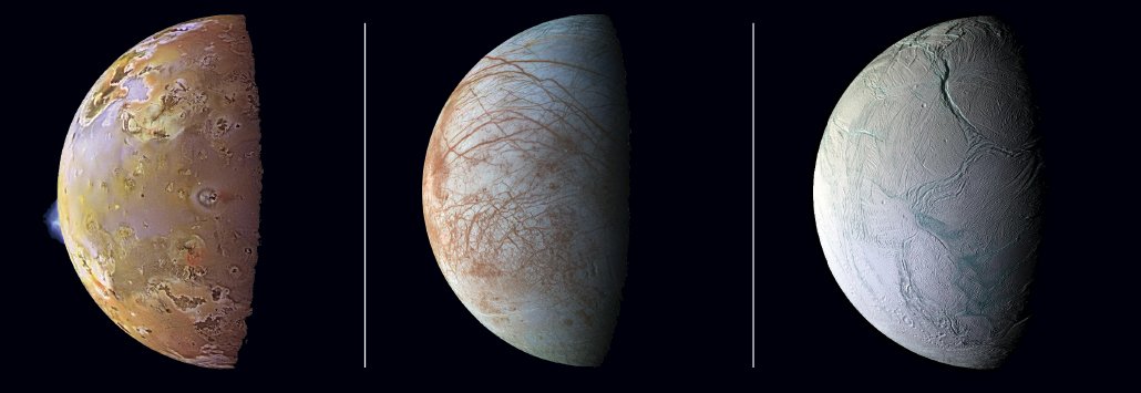 images of Io, Europa and Enceladus