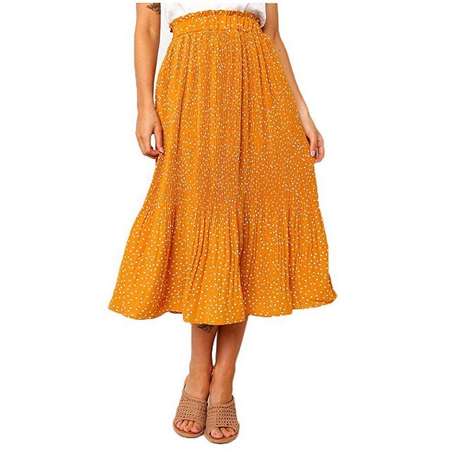 Exlura Women's High Waist Pleated Midi Maxi Swing Skirt with Pockets (Mustard Yellow)