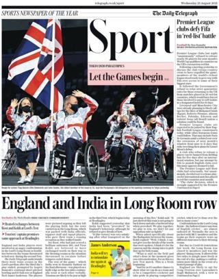 The front page of the Daily Telegraph sports section