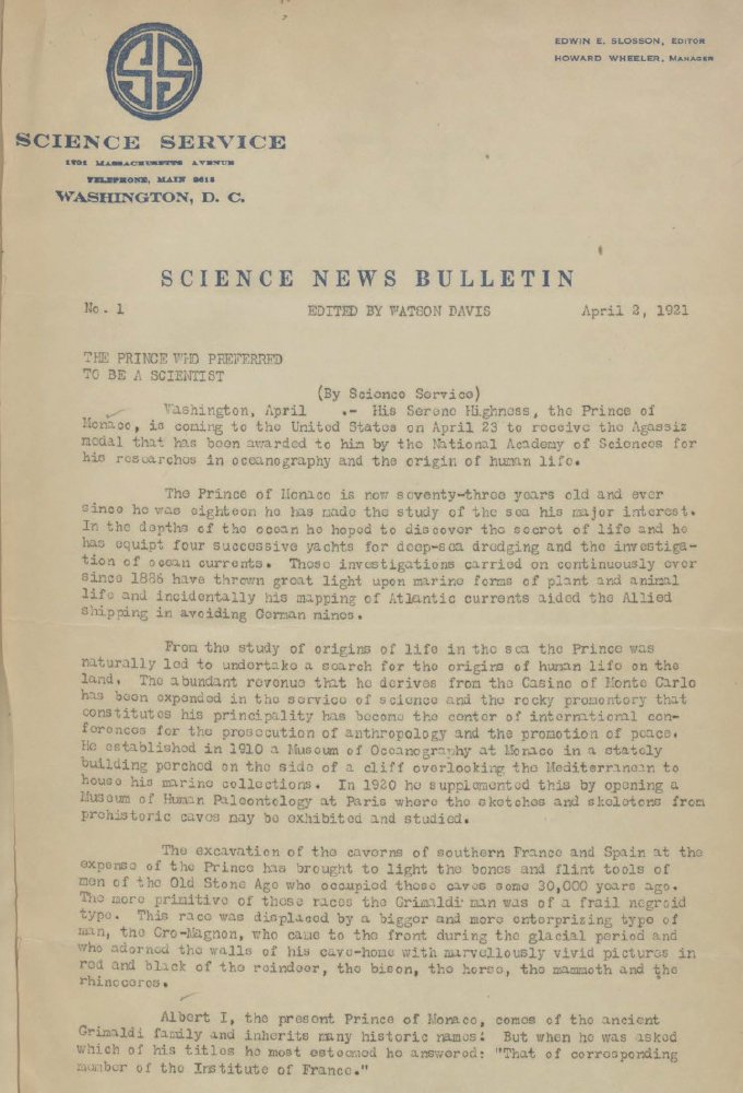 first page of Science News Bulletin from April 2, 1921