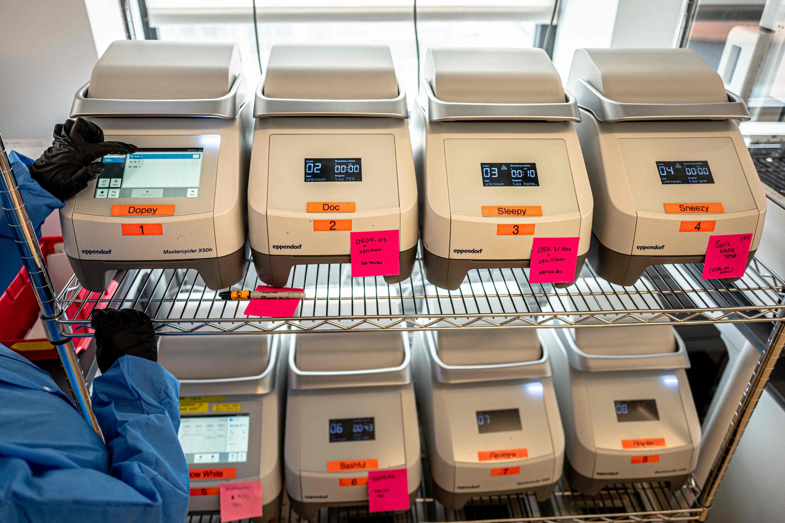 A metal shelf contains two rows of thermal cycler machines, each with a small touch-screen window and a bright orange label bearing names like “Dopey,” “Doc,” “Snow White,” etc., with a technician to the left mostly out of view except for her sleeves, which are blue, and her hands, which wear black rubber gloves. A number of the machines have fluorescent magenta Post-It notes affixed to them with hand-written notes.