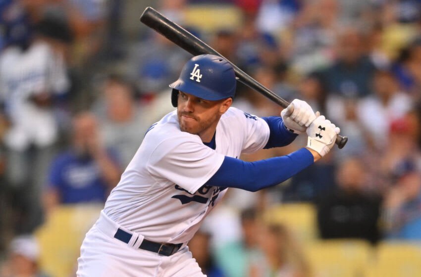 LOS ANGELES, CA - JULY 26: Freddie Freeman #5 of the Los Angeles Dodgers at bat in the game against the Washington Nationals at Dodger Stadium on July 26, 2022 in Los Angeles, California. (Photo by Jayne Kamin-Oncea/Getty Images)