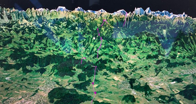 map showing the path Martin Wikelski in his plane as he tracked a death’s-head hawkmoth migrating south across the Alps from Germany