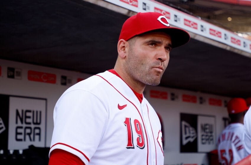 CINCINNATI, OH - JULY 29: Joey Votto #19 of the Cincinnati Reds stands in the dugout prior to the start of the game against the Baltimore Orioles at Great American Ball Park on July 29, 2022 in Cincinnati, Ohio. (Photo by Kirk Irwin/Getty Images)