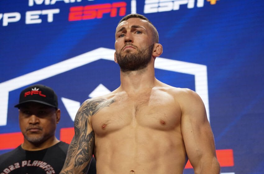 NEW YORK, NY – AUGUST 04: Professional Fighter’s League fighter Stevie Ray poses during the ceremonial weigh-ins at the Hulu Theatre at Madison Square Garden in New York City, NY on Thursday, August 4, 2022. (Photo by Amy Kaplan/Icon Sportswire)