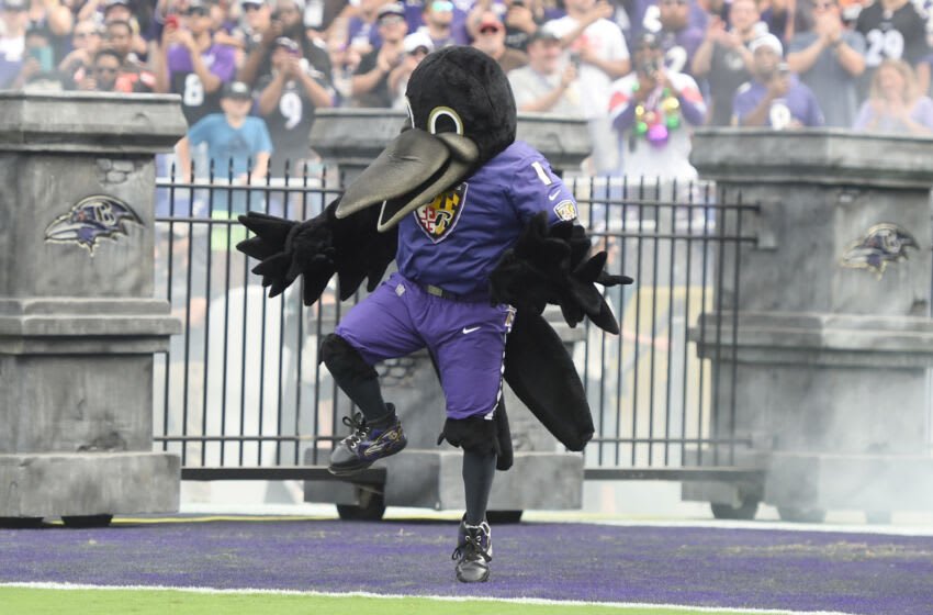 Sep 29, 2019; Baltimore, MD, USA; The Baltimore Ravens mascot is introduced before a football game against the Cleveland Browns at M&T Bank Stadium. Mandatory Credit: Mitchell Layton-USA TODAY Sports