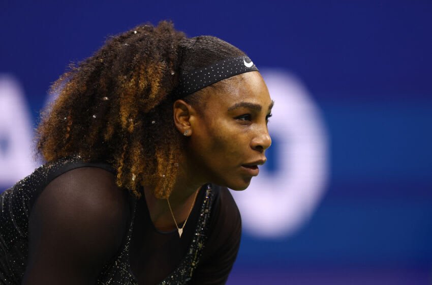 NEW YORK, NEW YORK - AUGUST 29: Serena Williams of the United States looks on against Danka Kovinic of Montenegro during the Women's Singles First Round on Day One of the 2022 US Open at USTA Billie Jean King National Tennis Center on August 29, 2022 in the Flushing neighborhood of the Queens borough of New York City. (Photo by Elsa/Getty Images)