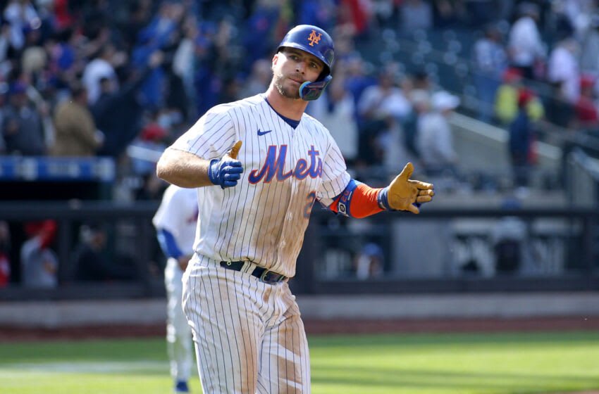 May 19, 2022; New York City, New York, USA; New York Mets first baseman Pete Alonso (20) reacts after hitting a game winning two run home run against the St. Louis Cardinals during the tenth inning at Citi Field. Mandatory Credit: Brad Penner-USA TODAY Sports