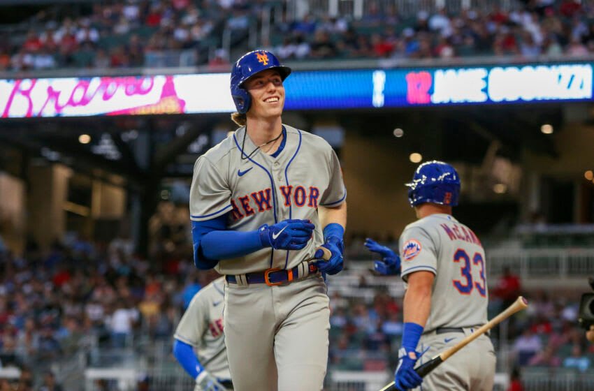 Aug 17, 2022; Atlanta, Georgia, USA; New York Mets third baseman Brett Baty (22) smiles after a home run in his first career at-bat against the Atlanta Braves in the first inning at Truist Park. Mandatory Credit: Brett Davis-USA TODAY Sports