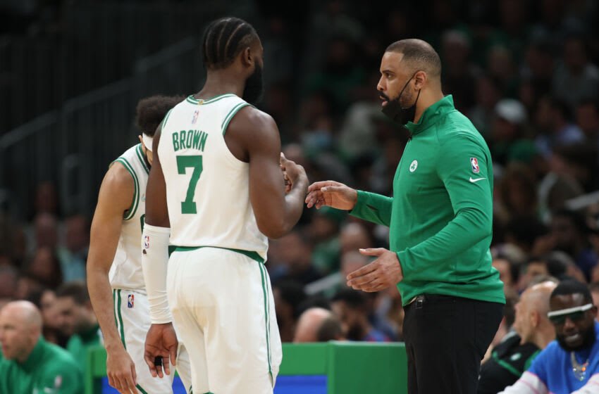 May 23, 2022; Boston, Massachusetts, USA; Boston Celtics guard Jaylen Brown (7) talks with head coach Ime Udoka in the first half against the Miami Heat during game four of the 2022 eastern conference finals at TD Garden. Mandatory Credit: Paul Rutherford-USA TODAY Sports