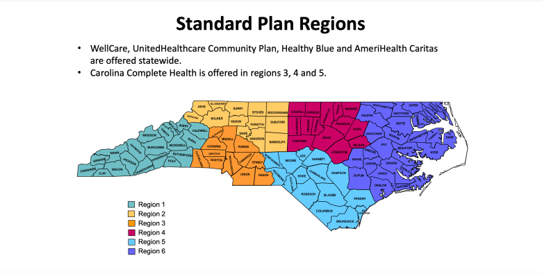 a map of north carolina divided into regions. it describes which managed care organization operates in which counties. once tailored plans launch, some of the LME-MCOs will contract with these standard plans to provide physical health coverage.