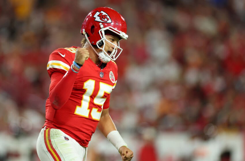 TAMPA, FLORIDA - OCTOBER 02: Patrick Mahomes #15 of the Kansas City Chiefs celebrates a touchdown against the Tampa Bay Buccaneers during the second quarter at Raymond James Stadium on October 02, 2022 in Tampa, Florida. (Photo by Mike Ehrmann/Getty Images)