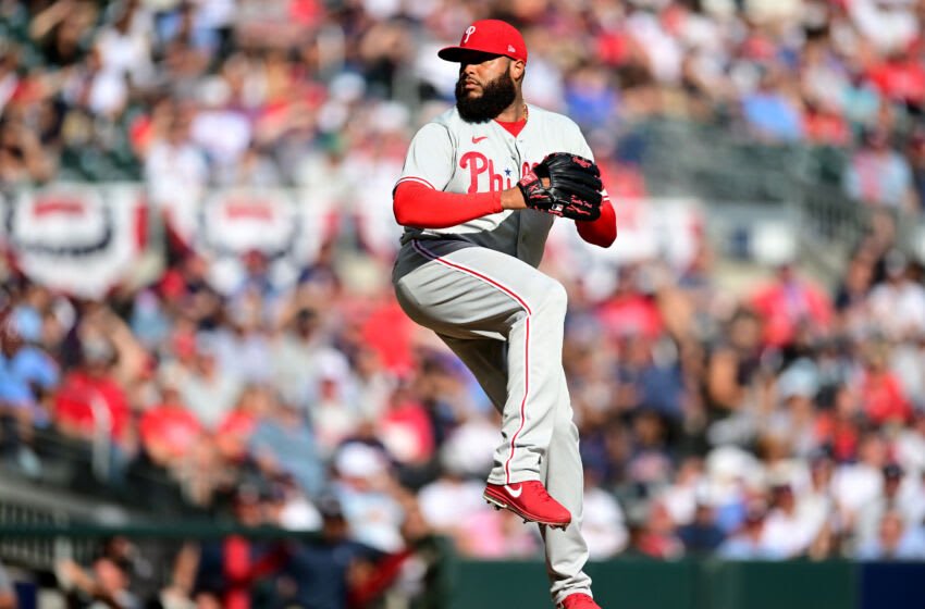 ATLANTA, GEORGIA - OCTOBER 11: Jose Alvarado #46 of the Philadelphia Phillies delivers a pitch against the Atlanta Braves during the eighth inning in game one of the National League Division Series at Truist Park on October 11, 2022 in Atlanta, Georgia. (Photo by Adam Hagy/Getty Images)