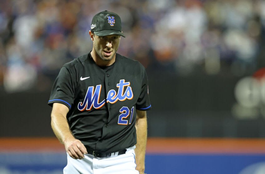 Oct 7, 2022; New York City, New York, USA; New York Mets starting pitcher Max Scherzer (21) steps off the mound after giving up a home run against the San Diego Padres in the first inning during game one of the Wild Card series for the 2022 MLB Playoffs at Citi Field. Mandatory Credit: Brad Penner-USA TODAY Sports