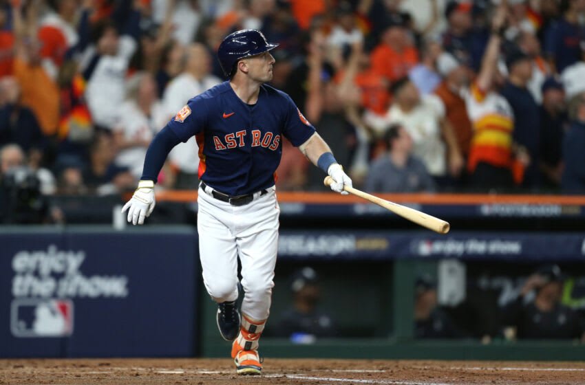 Oct 20, 2022; Houston, Texas, USA; Houston Astros third baseman Alex Bregman (2) watches his three-run home run against the New York Yankees during the third inning in game two of the ALCS for the 2022 MLB Playoffs at Minute Maid Park. Mandatory Credit: Thomas Shea-USA TODAY Sports